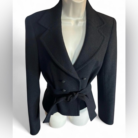 Vintage Escada Wool Cashmere Double Breasted Belted Blazer EU 36 Black Designer - Picture 2 of 12